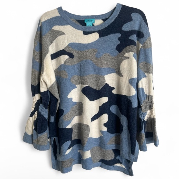 TWO BEES CASHMERE Wool Cashmere Blue Gray Camouflage 3/4 Bell Sleeve Sweater | M - Picture 1 of 13